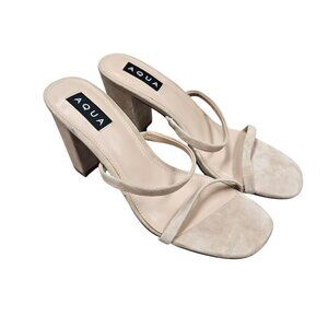 Aqua Adele Beige Suede Open Toe‎ Strappy Block Heel Slip On Never Worn Neutral